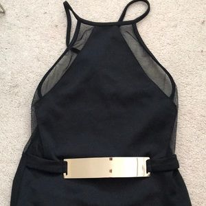 high neck bodysuit with mesh and gold detailing